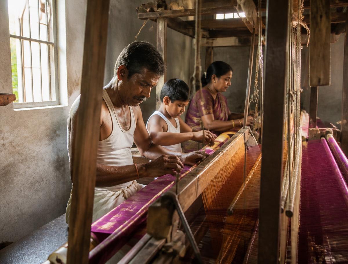 A weaver family at a traditional pit handloom in Kanchipuram
