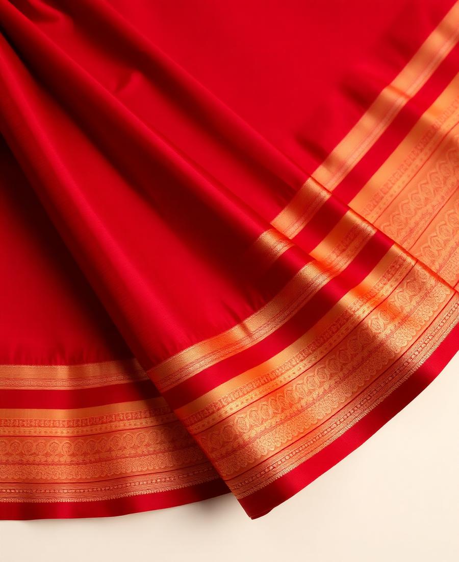 Red Kanchipuram silk saree with a wide gold zari temple border
