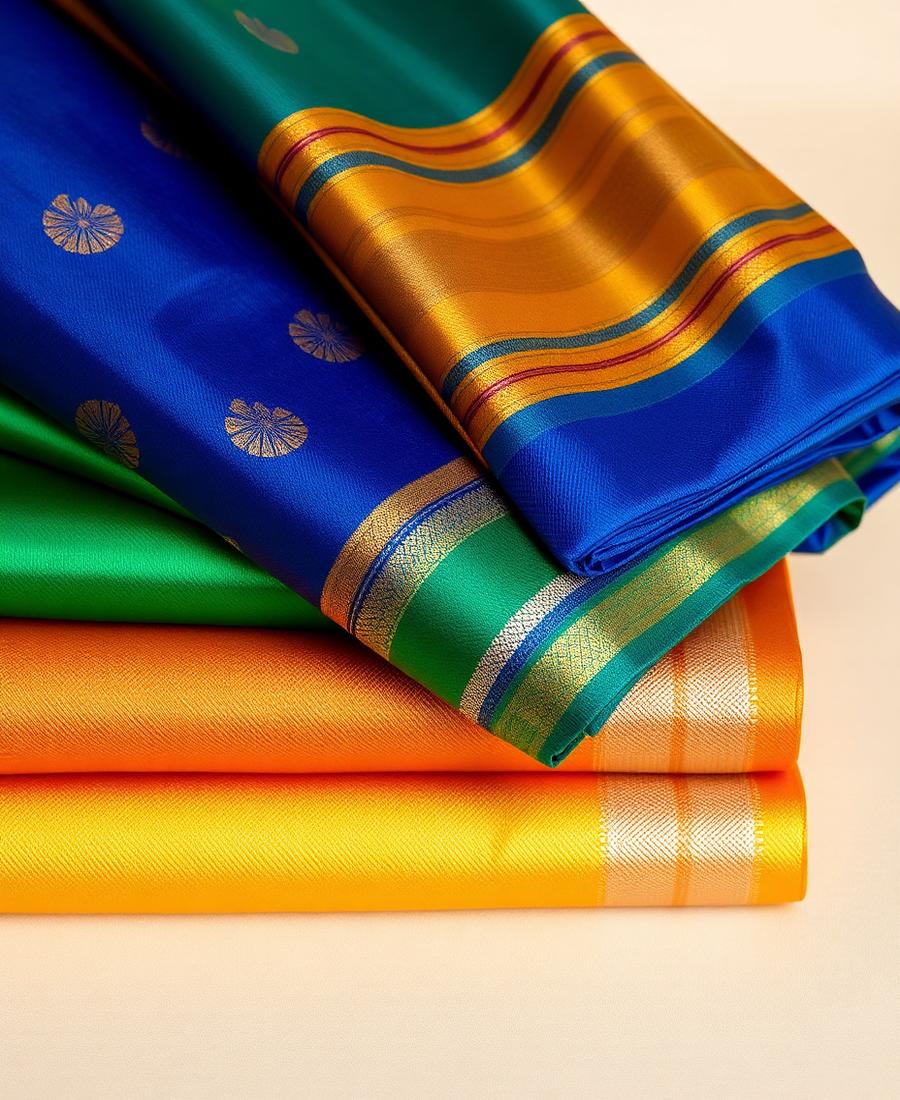 Stacked Kanchipuram silk sarees in blue, green and mustard