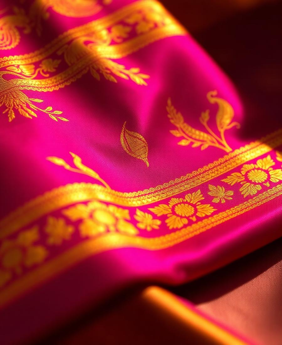 Close-up of gold zari peacock and mango motifs on magenta silk
